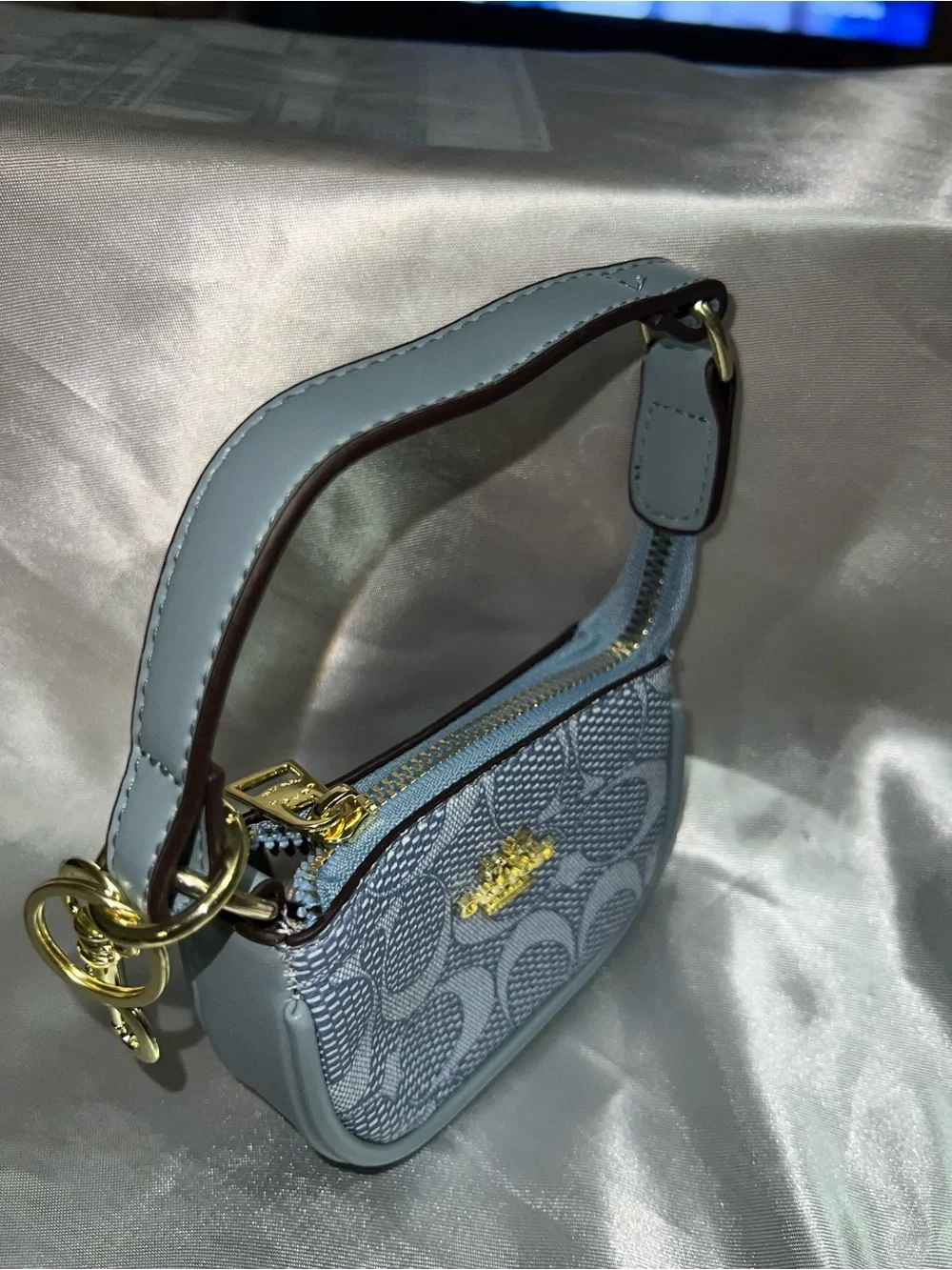 Coach Light Blue Signature Mini Cosmetic Pouch with Gold Logo